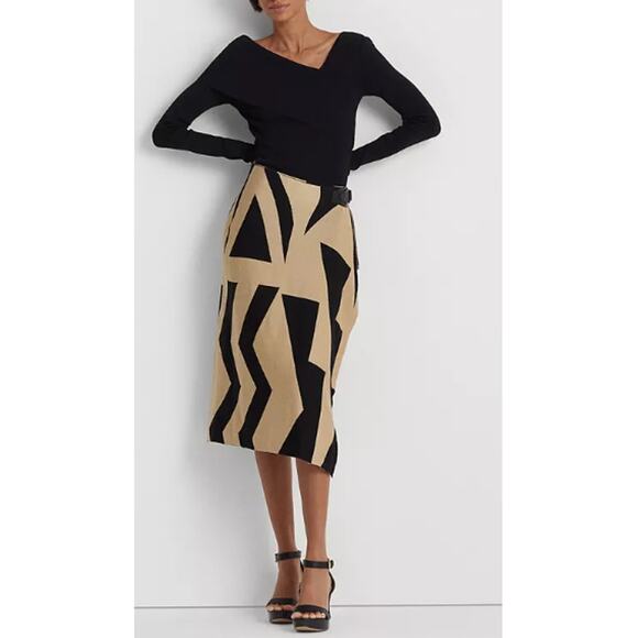 Lauren Ralph Lauren Women's Black Beige Geometric Pencil Skirt Size XL NWT - Picture 1 of 11